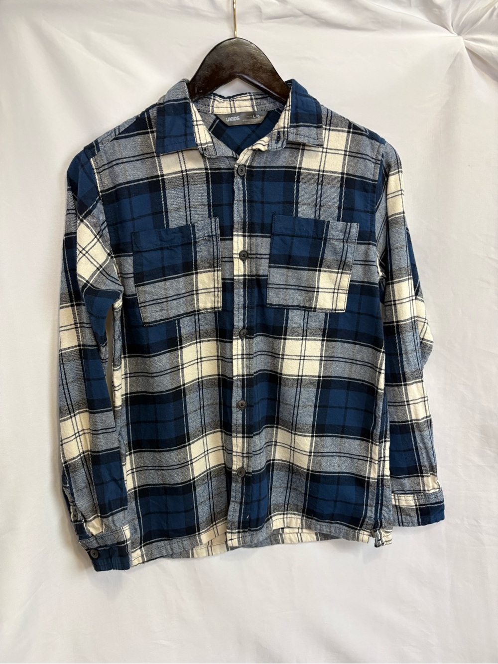 Urban Kids Boys Plaid Flannel Button Down Size Lrg. 14/16 Navy Blue